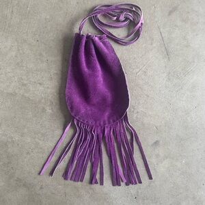 Native America pull string purple suede purse with fringe 7” with 5” fringe